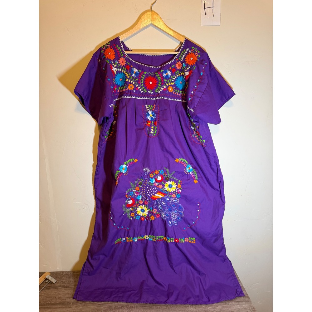 Handmade Mexican Huipil Dress Peacock Floral Embroidered Purple